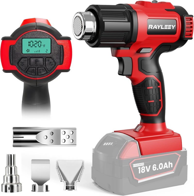 RAYLEEY Cordless Heat Gun Compatible with Milwaukee 18V Battery, 122℉-1022℉ Hot Air Gun with Digital LCD Display, Adjustable Temp & Air Flow, 4 Nozzles for Crafts,Shrinking PVC, Paint Stripping (No Battery) - Image 1